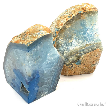 Large Geode Bookend. Blue Agate Bookend Pair. (3.1lbs, 5-6"inch). Mineral Rock Formation, Healing Energy Crystal, Home Decor. *Ships Free