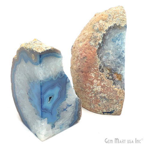 Large Geode Bookend. Blue Agate Bookend Pair. (3.1lbs, 4-5"inch). Mineral Rock Formation, Healing Energy Crystal, Home Decor. *Ships Free