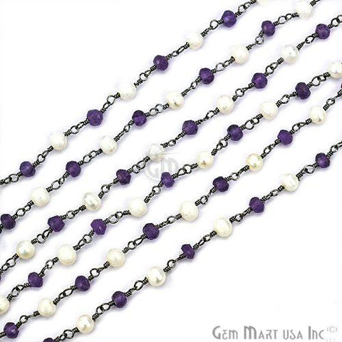 Amethyst With Freshwater Pearl Beads Oxidized Wire Wrapped Rosary Chain