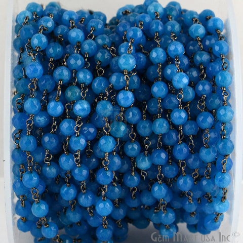 Dyed Jade Bead Faceted Crystal Round Rosary Chain Black Plating, 4mm, 1+ ft