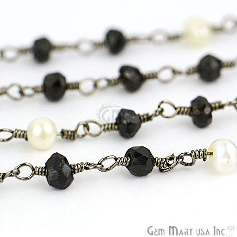 Black Spinel & Freshwater Pearl Beaded Oxidized Wire Wrapped Rosary Chain
