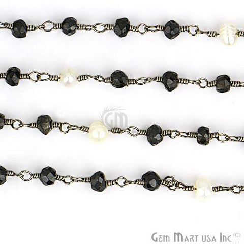 Black Spinel & Freshwater Pearl Beaded Oxidized Wire Wrapped Rosary Chain