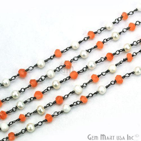 Carnelian With Freshwater Pearl, 3-3.5mm Beads Oxidized Wire Wrapped Rosary Chain