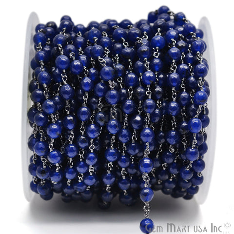 Dyed Jade Bead Faceted Crystal Round Rosary Chain Black Plating, 5-6mm, 1+ ft