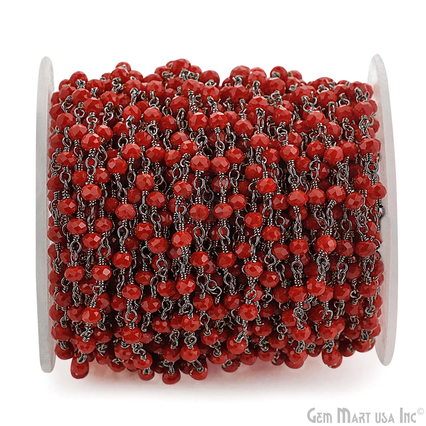 Dark Red Coral 3-3.5mm Faceted Gemstone Beaded Black Plated Wire Wrapped Rosary Chain