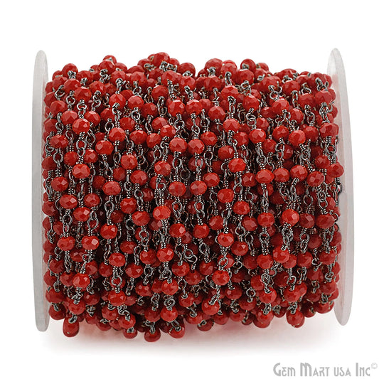 Dark Red Coral 3-3.5mm Faceted Gemstone Beaded Black Plated Wire Wrapped Rosary Chain
