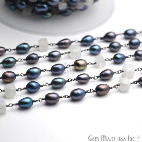 Black Freshwater Pearl With Rainbow Oxidized Wire Wrapped Gemstone Beads Rosary Chain (762877575215)