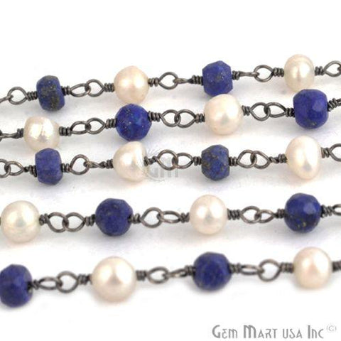 Lapis & Freshwater Pearl Gemstone Beads 3-3.5mm Oxidized Wire Wrapped Rosary Chain