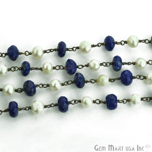 Lapis With Freshwater Pearl 6-7mm Oxidized Wire Wrapped Rosary Chain (762973126703)