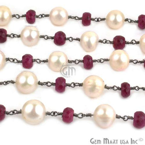Ruby 6-7mm With Freshwater Pearl 8-9mm Oxidized Wire Wrapped Rosary Chain (762976469039)