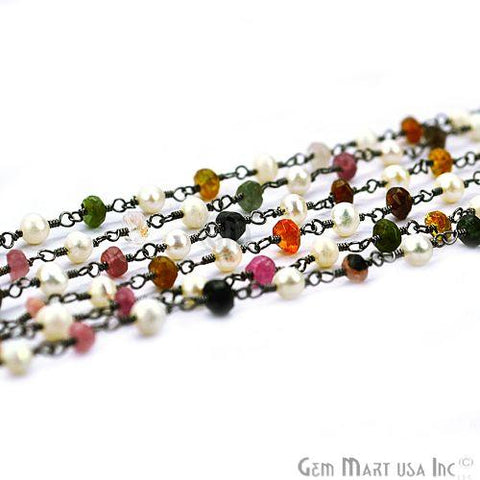 Multi Tourmaline With Freshwater Pearl Gemstone Beaded Wire Wrapped Rosary Chain