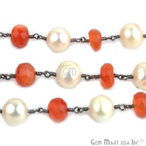 Carnelian With Freshwater Pearl 7-8mm Oxidized Wire Wrapped Rosary Chain (762991771695)