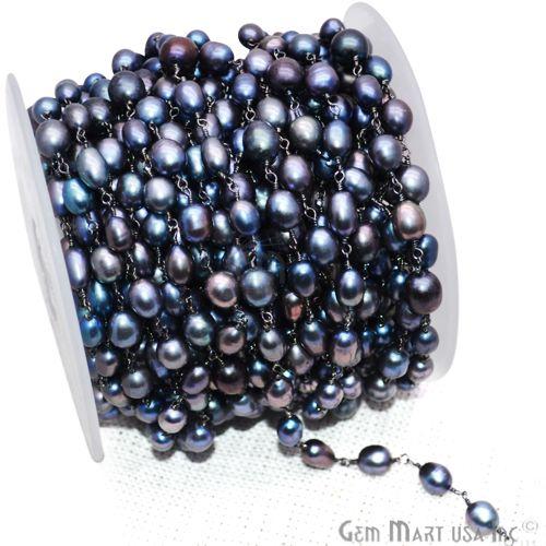 Black Freshwater Pearl Oxidized Wire Wrapped Gemstone Beads Rosary Chain (763004157999)