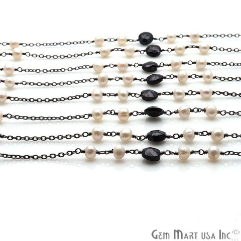 Black Spinel 6mm Freshwater Pearl 5mm Beaded Oxidize Wire Wrapped Rosary Chain