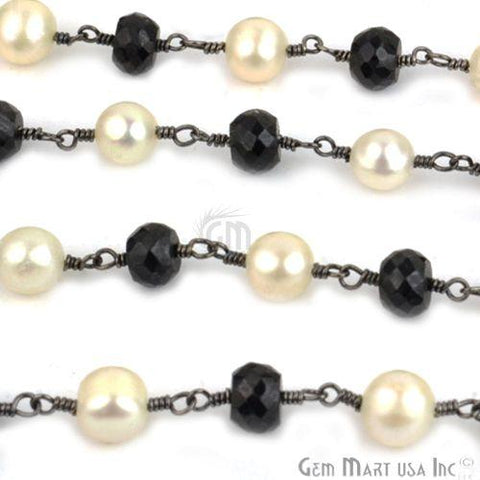 Black Spinel With Freshwater Pearl Oxidized Wire Wrapped Beads Rosary Chain (763605221423)