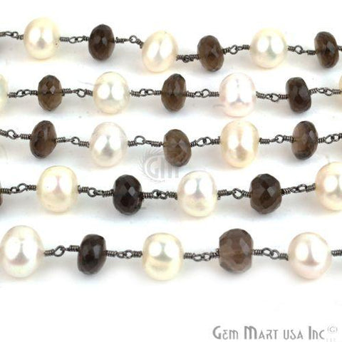 Smokey Topaz With Freshwater Pearl Oxidized Wire Wrapped Beads Rosary Chain (763605647407)