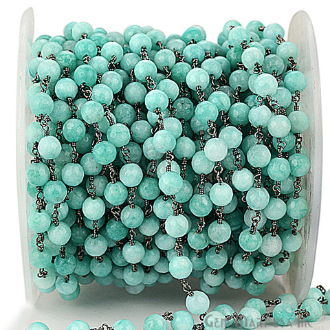 Dyed Jade Bead Faceted Crystal Round Rosary Chain Black Plating, 5-6mm, 1+ ft