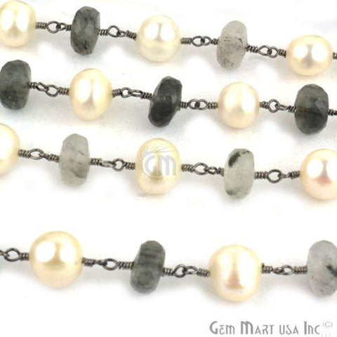 Rutilated With Freshwater Pearl 8-9mm Beads Oxidized Wire Wrapped Rosary Chain (763888173103)