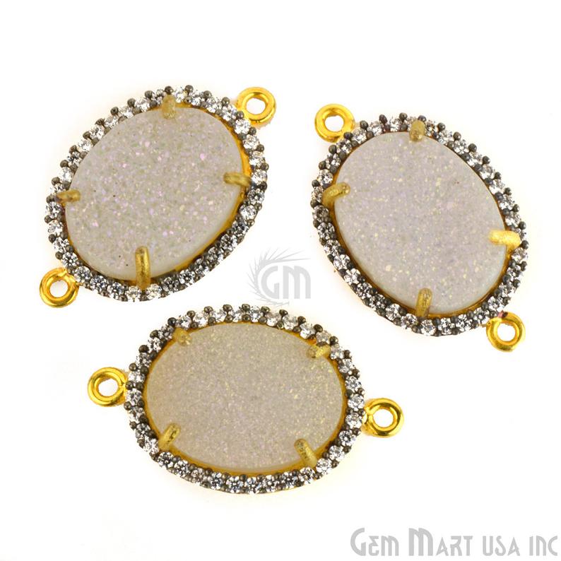 Druzy Cubic Zircon Pave 12x16mm Oval Bezel Gemstone Connector (Pick Your Color) - GemMartUSA