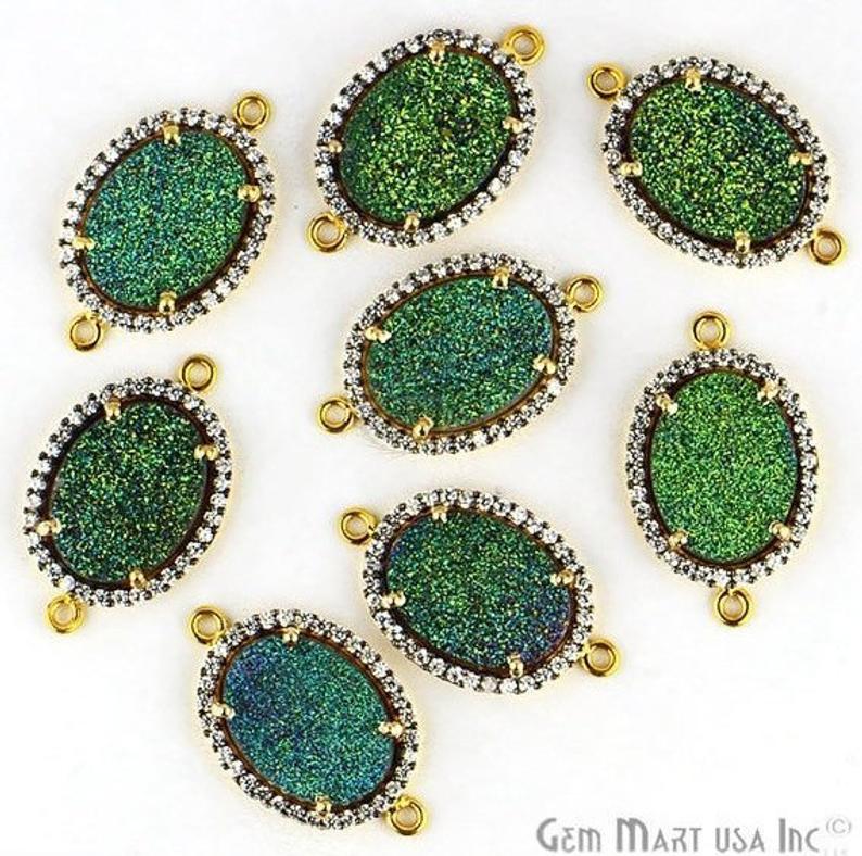 Druzy Cubic Zircon Pave 12x16mm Oval Bezel Gemstone Connector (Pick Your Color) - GemMartUSA