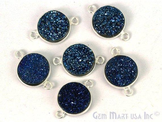 Clearance Natural Titanium Silver Druzy 12mm Round Double Bail Bezel Gemstone Connector
