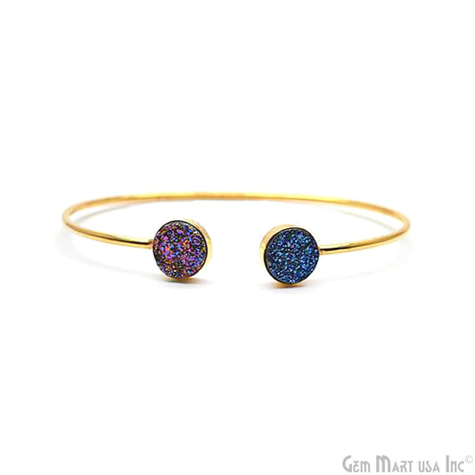 Purple & Blue Druzy Round Shape Adjustable Gold Plated Stacking Bangle Bracelet