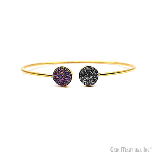 Purple & Platinum Druzy Round Shape Adjustable Gold Plated Stacking Bangle Bracelet