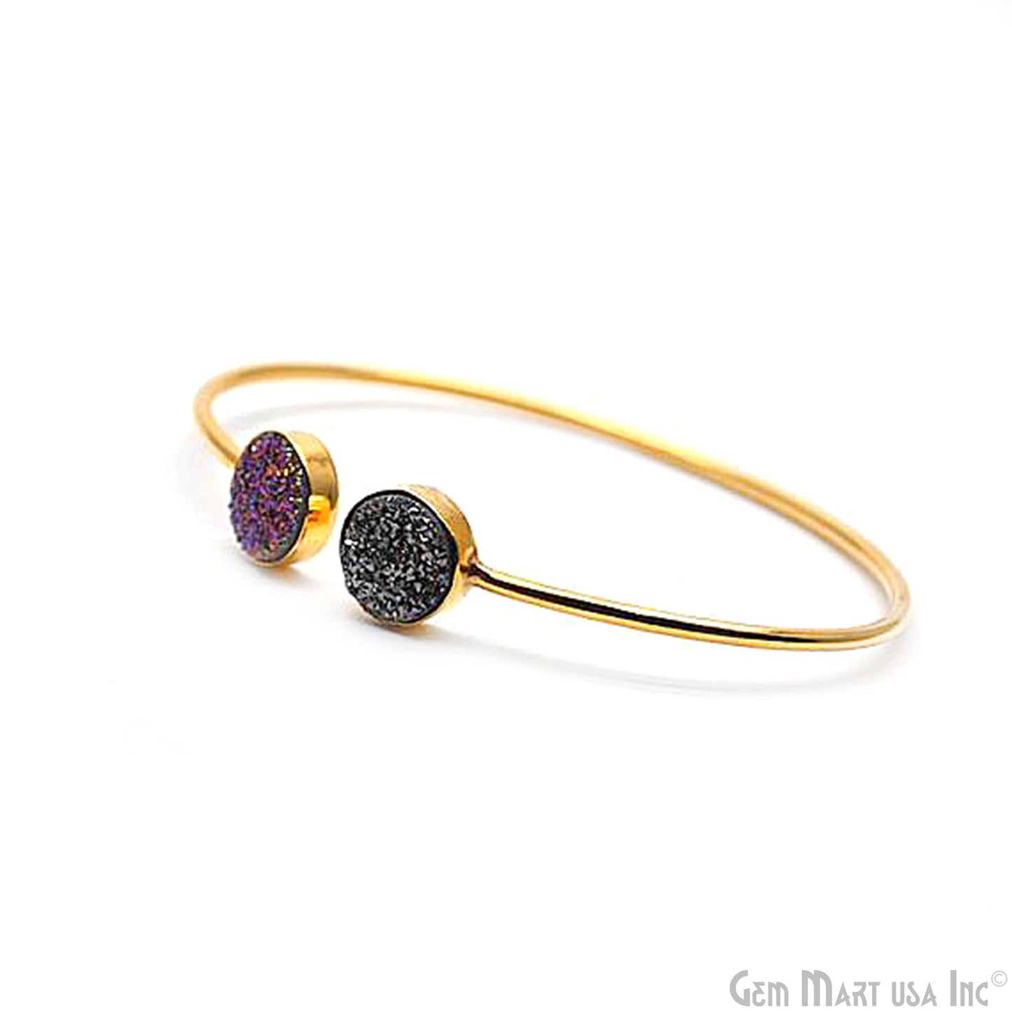 Purple & Platinum Druzy Round Shape Adjustable Gold Plated Stacking Bangle Bracelet