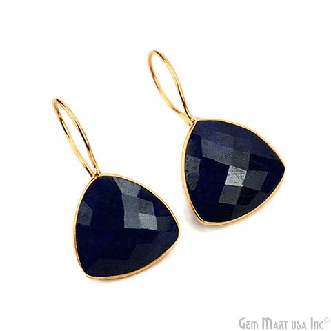 Natural Blue Sapphire, 16mm Trillion Checker Cut Gemstone Hook Earrings (GESH-90008)