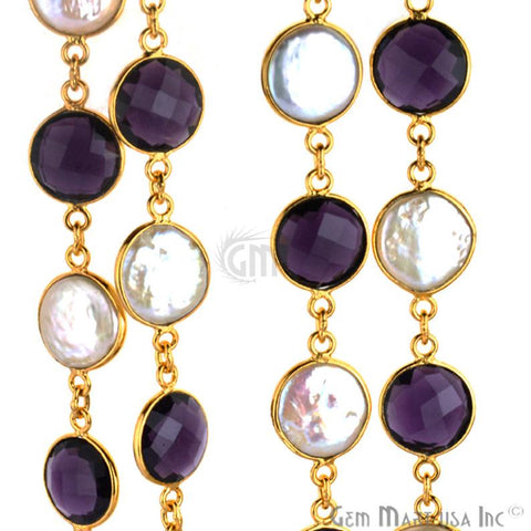 Amethyst With Freshwater Pearl Round 12mm Gold Bezel Continuous Connector Chain - GemMartUSA