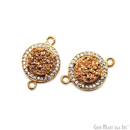 Cubic Zircon Pave Druzy 8mm Round Shape Gold Plated Double Bail Connector