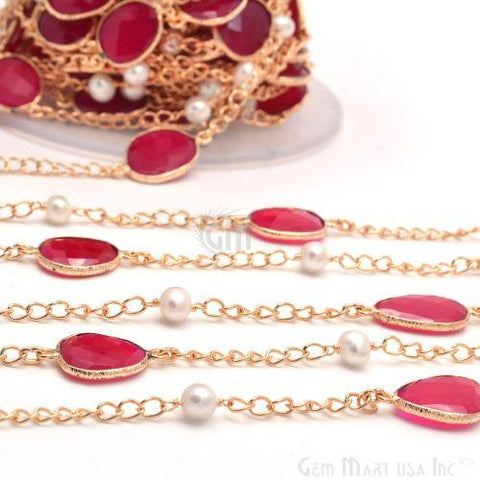 Hot Pink Chalcedony With Freshwater Pearl 10-15mm Gold Plated Bezel Connector Chain (764145729583)