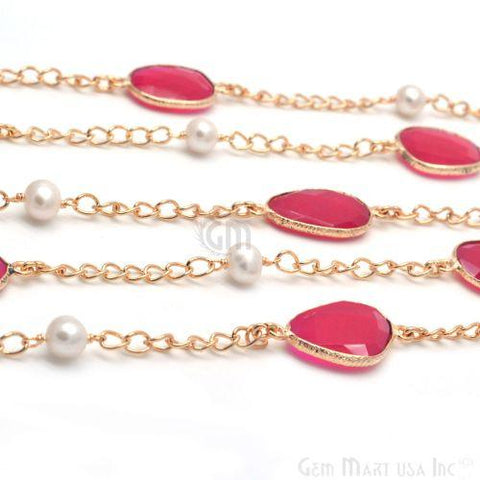 Hot Pink Chalcedony With Freshwater Pearl 10-15mm Gold Plated Bezel Connector Chain (764145729583)