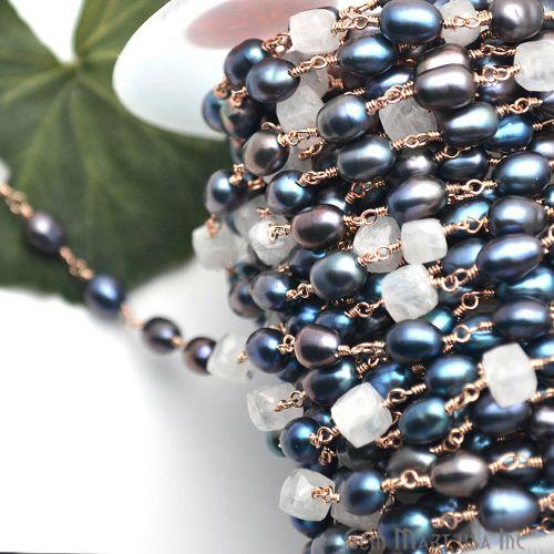 Black Freshwater Pearl With Rainbow Gold Plated Wire Wrapped Gemstone Beads Rosary Chain (763740192815)