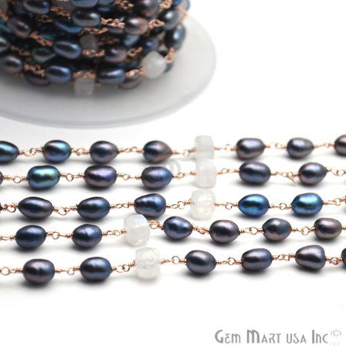 Black Freshwater Pearl With Rainbow Gold Plated Wire Wrapped Gemstone Beads Rosary Chain (763740192815)