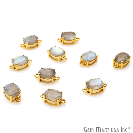 Labradorite  Faceted Oval 7x9mm Prong Gold Plated Double Bail Connector