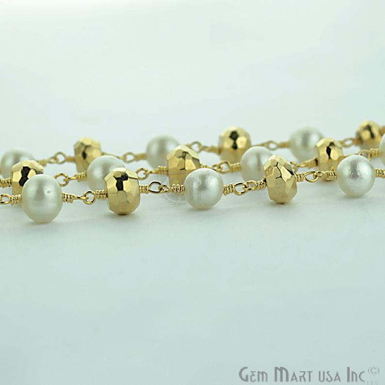 Freshwater Pearl & Golden Pyrite 7mm Beaded Gold Plated Wire Wrapped Rosary Chain - GemMartUSA