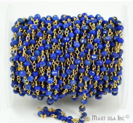 Lapis Lazuli Gold Plated Wire Wrapped 4mm Rosary Chain