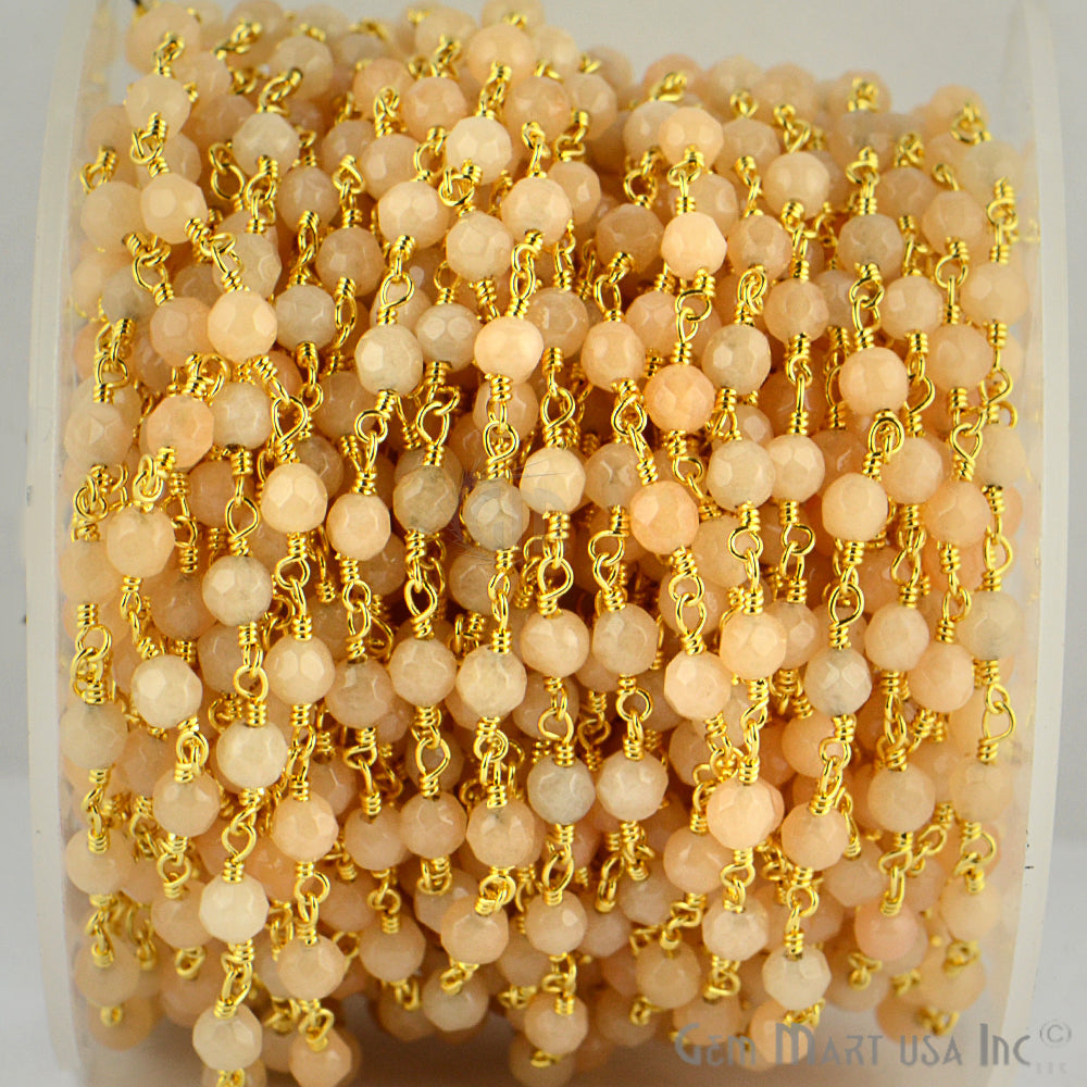 Dyed Jade Bead Faceted Crystal Round Rosary Chain Gold Plating, 4mm, 1+ ft