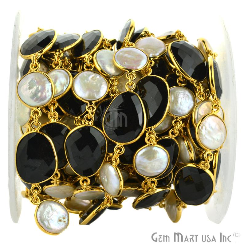 Black Onyx & Freshwater Pearl Gold Bezel 10-15mm Continuous Connector Chain - GemMartUSA