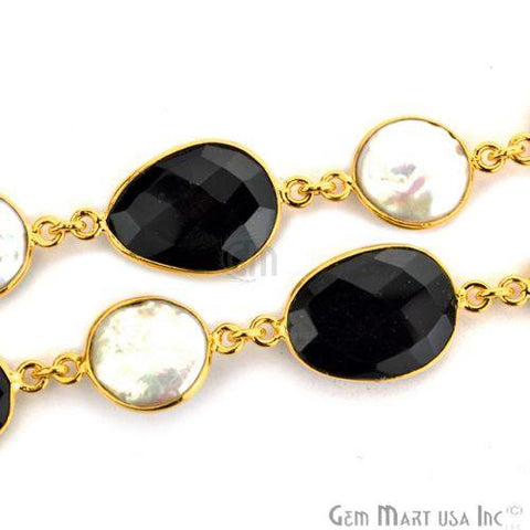 Black Onyx & Freshwater Pearl Gold Bezel 10-15mm Continuous Connector Chain
