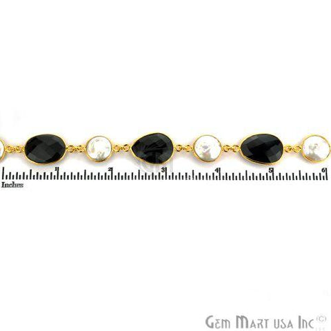 Black Onyx & Freshwater Pearl Gold Bezel 10-15mm Continuous Connector Chain