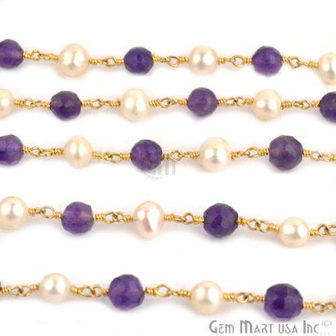 Amethyst With Freshwater Pearl Gold Plated Wire Wrapped Beads Rosary Chain (763645591599)