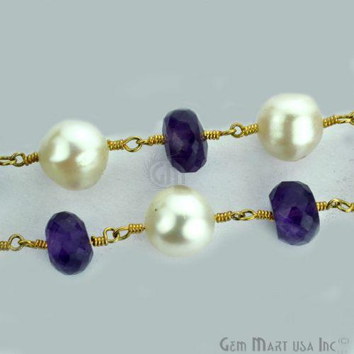 Amethyst With Freshwater Pearl Beads Gold Plated Wire Wrapped Rosary Chain (763645788207)