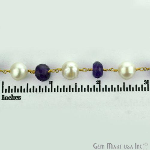 Amethyst With Freshwater Pearl Beads Gold Plated Wire Wrapped Rosary Chain (763645788207)