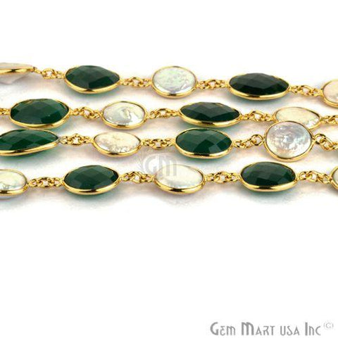 Green Onyx With Freshwater Pearl 10-15mm Gold Bezel Continuous Connector Chain (764285419567)