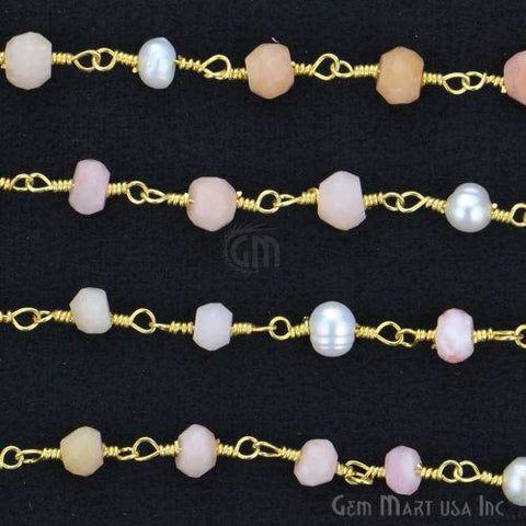 Pink Opal With Freshwater Pearl Gold Plated Wire Wrapped Beads Rosary Chain