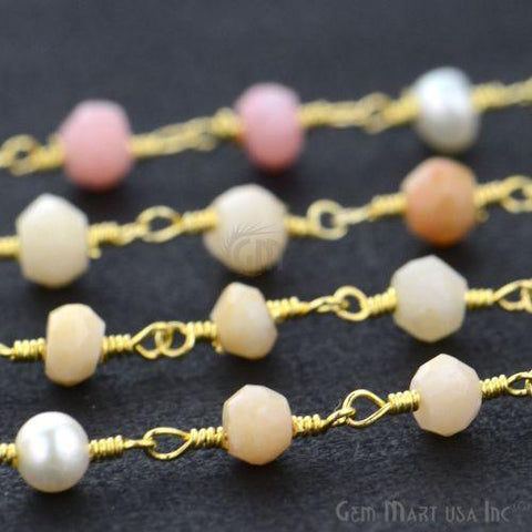 Pink Opal With Freshwater Pearl Gold Plated Wire Wrapped Beads Rosary Chain
