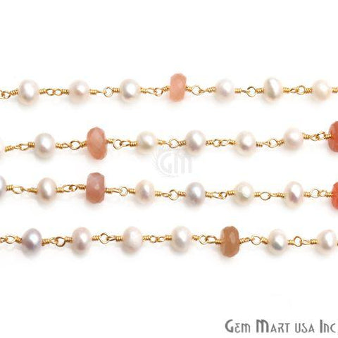 Sunstone 6-7mm, Freshwater Pearl 5mm Beaded Gold Plated Wire Wrapped Rosary Chain