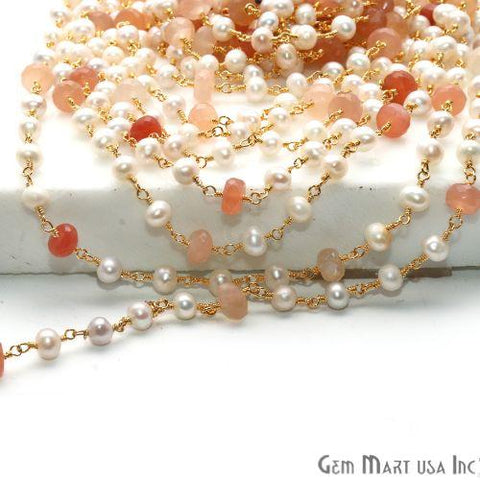 Sunstone 6-7mm, Freshwater Pearl 5mm Beaded Gold Plated Wire Wrapped Rosary Chain